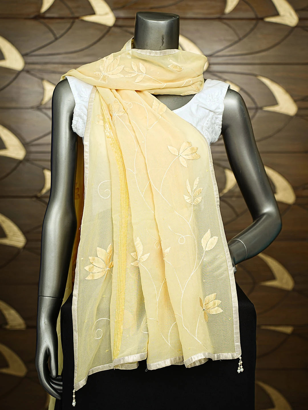 Ada Hand Embroidered Yellow Pure Georgette Lucknowi Chikankari Dupatta With Sequinned Work A102274
