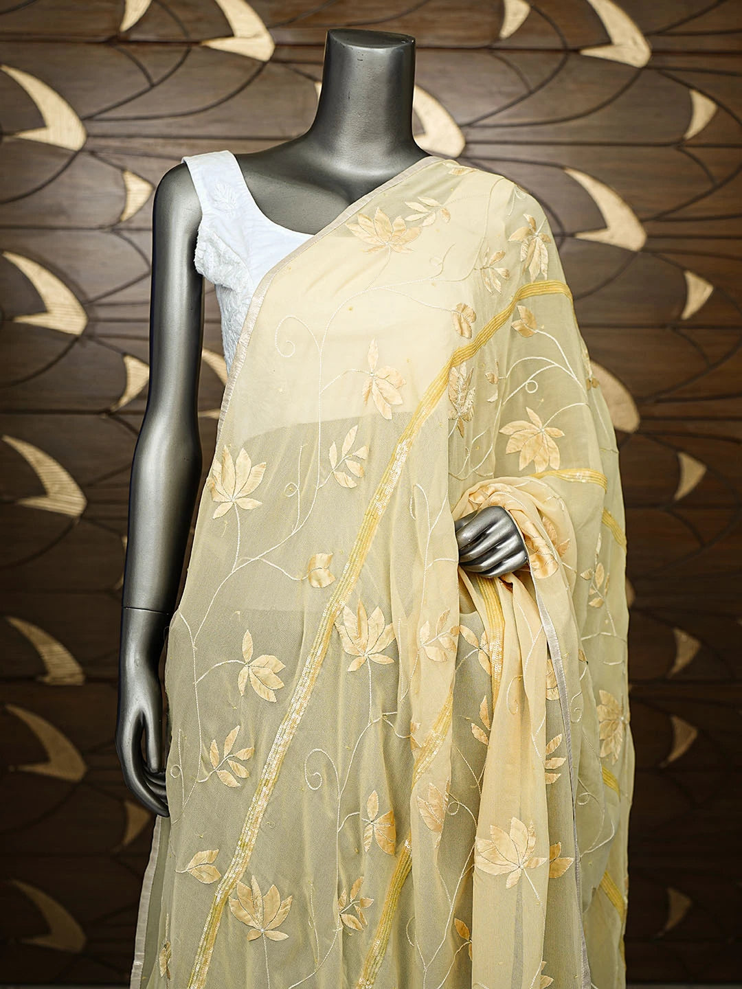 Ada Hand Embroidered Yellow Pure Georgette Lucknowi Chikankari Dupatta With Sequinned Work A102274