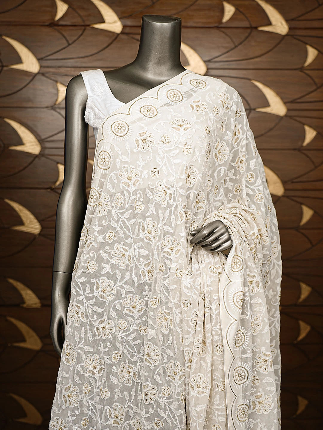 Ada Hand Embroidered Off White Pure Georgette Lucknowi Chikankari Dupatta With Zari Work A186901