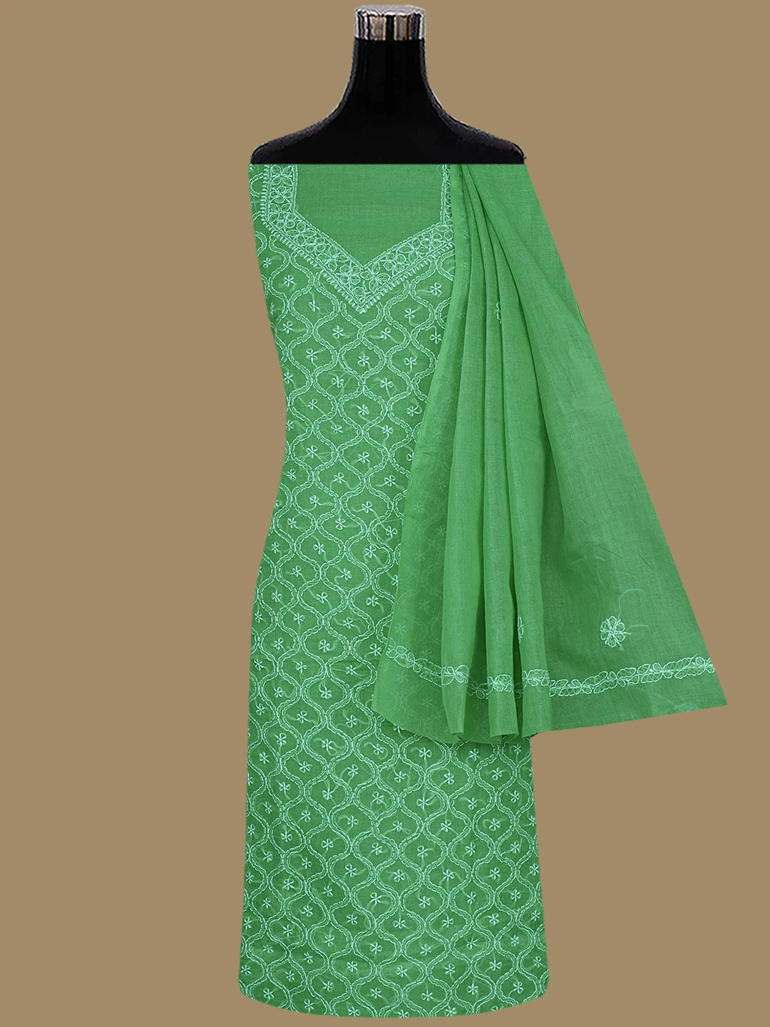 Ada Hand Embroidered Pickle Green Cotton Lucknowi Chikankari Unstitched Suit Piece 01A854958