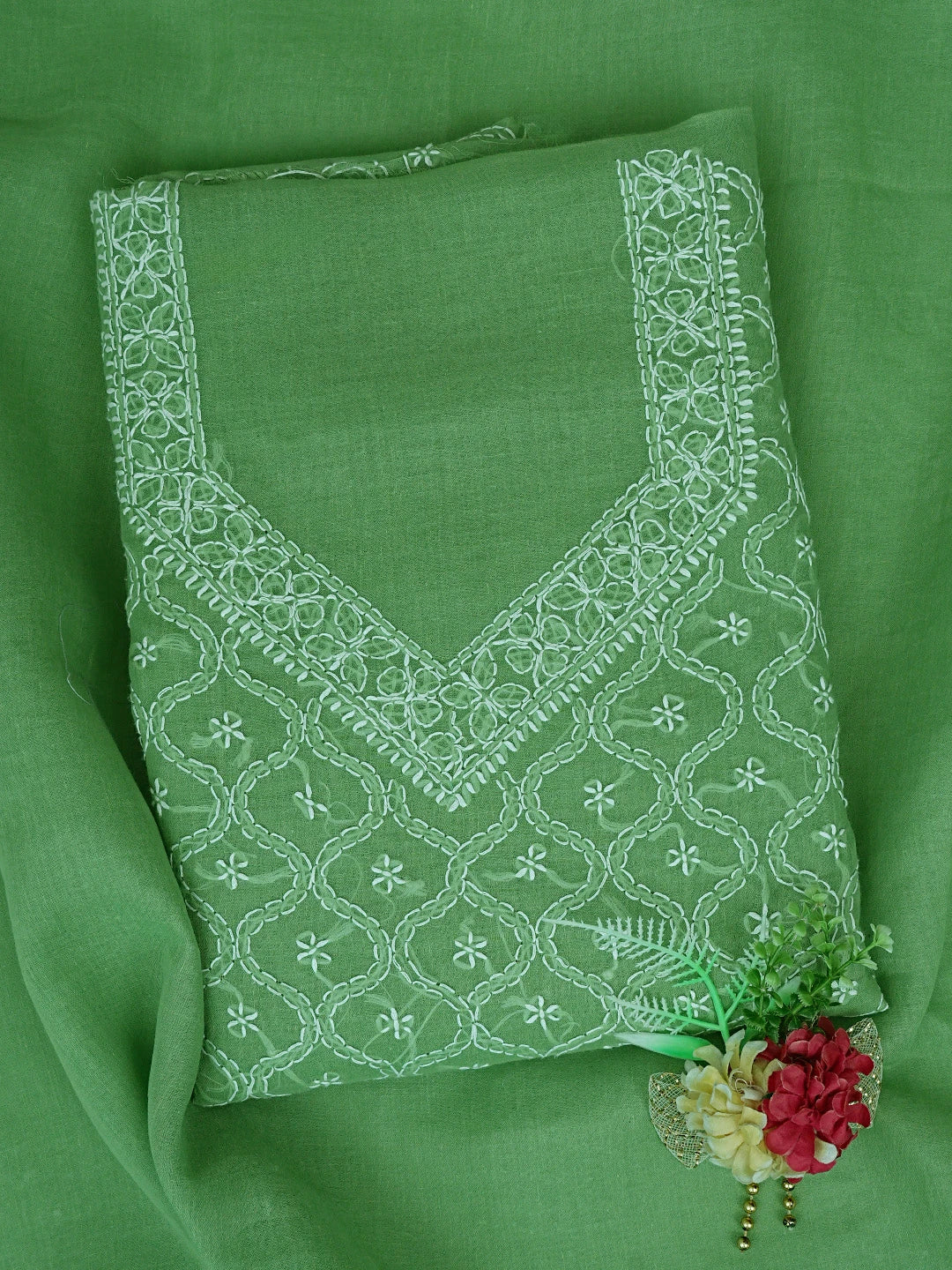 Ada Hand Embroidered Pickle Green Cotton Lucknowi Chikankari Unstitched Suit Piece 01A854958
