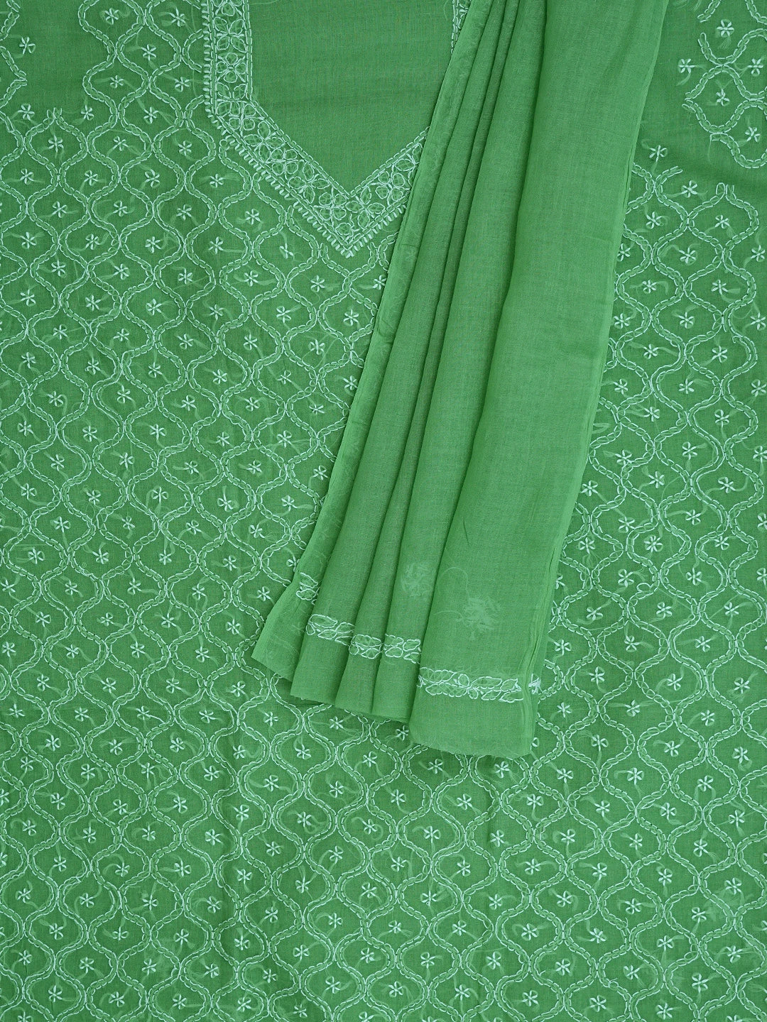 Ada Hand Embroidered Pickle Green Cotton Lucknowi Chikankari Unstitched Suit Piece 01A854958