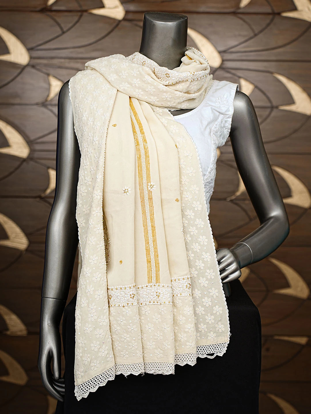 Ada Hand Embroidered Cream Pure Georgette Lucknowi Chikankari Dupatta With Pearl Work 38745