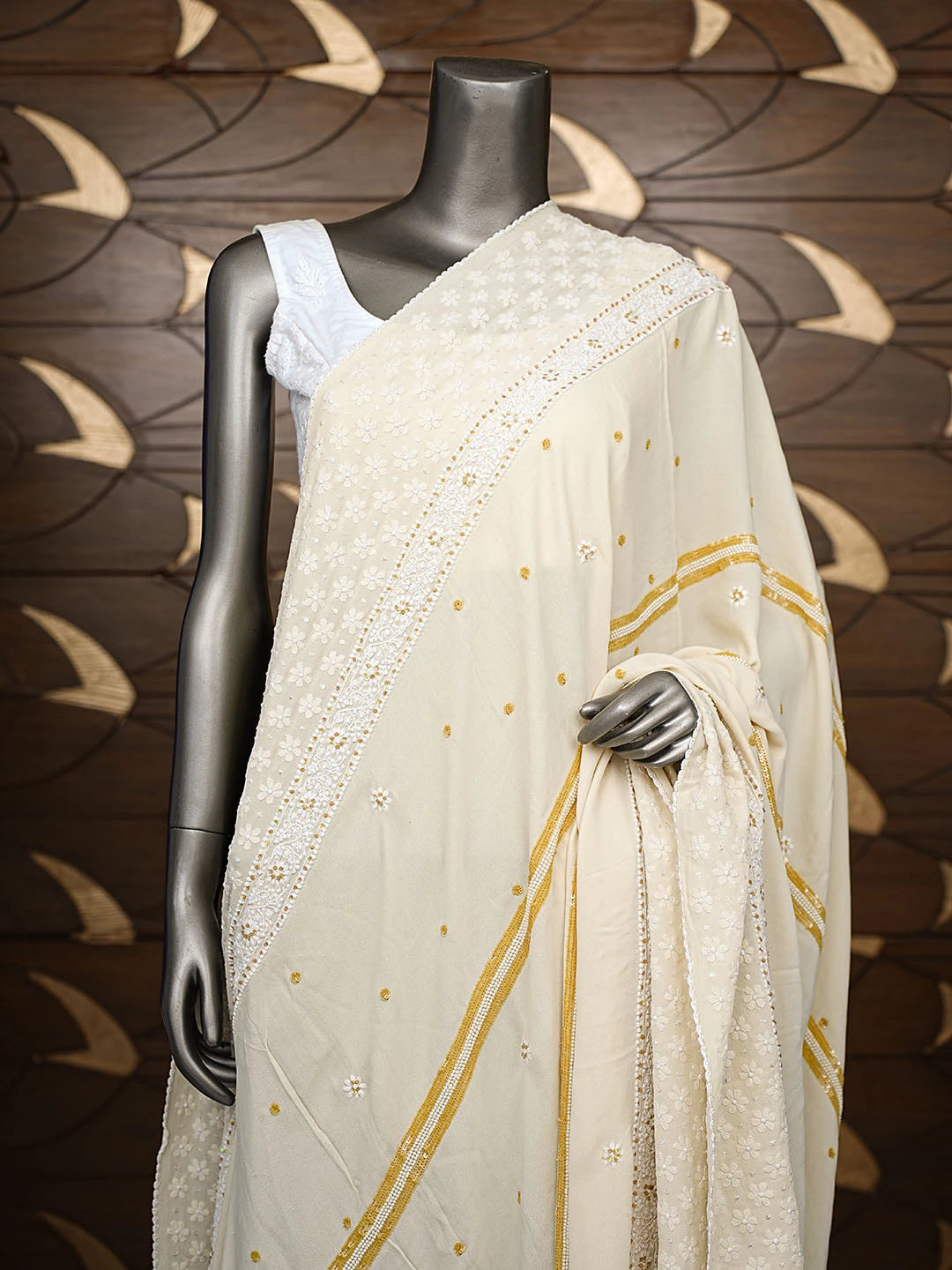 Ada Hand Embroidered Cream Pure Georgette Lucknowi Chikankari Dupatta With Pearl Work 38745