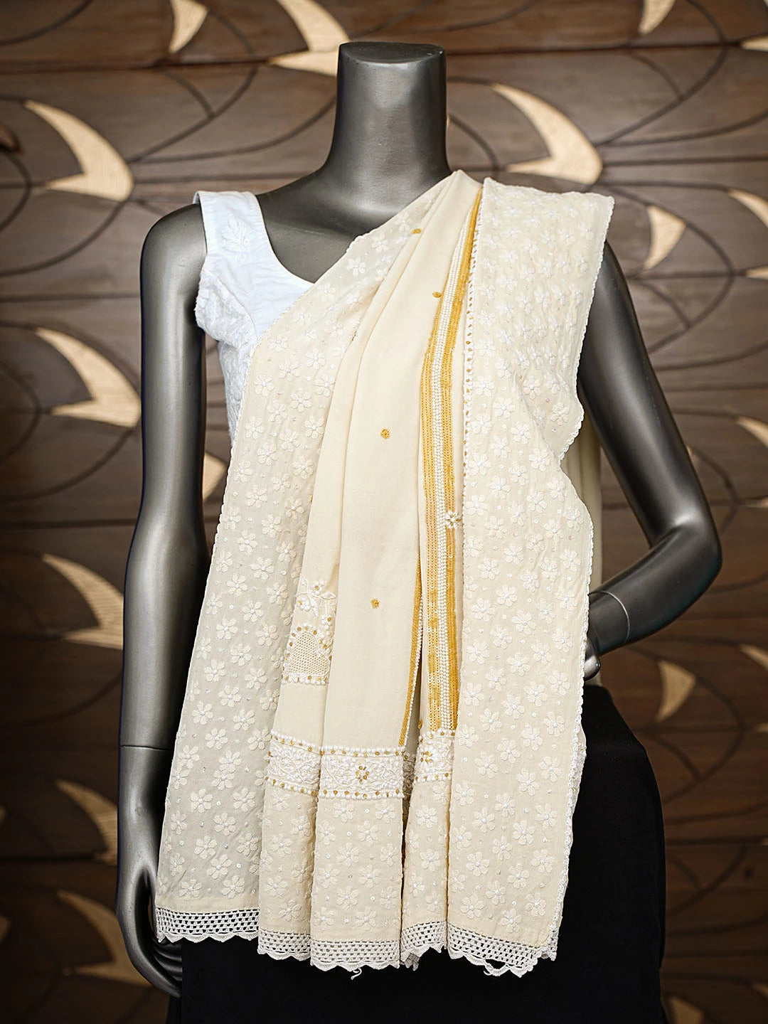Ada Hand Embroidered Cream Pure Georgette Lucknowi Chikankari Dupatta With Pearl Work 38745