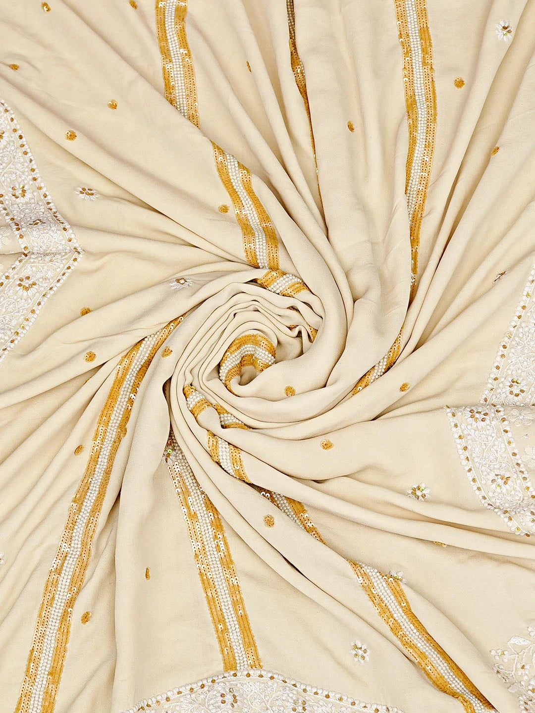 Ada Hand Embroidered Cream Pure Georgette Lucknowi Chikankari Dupatta With Pearl Work 38745