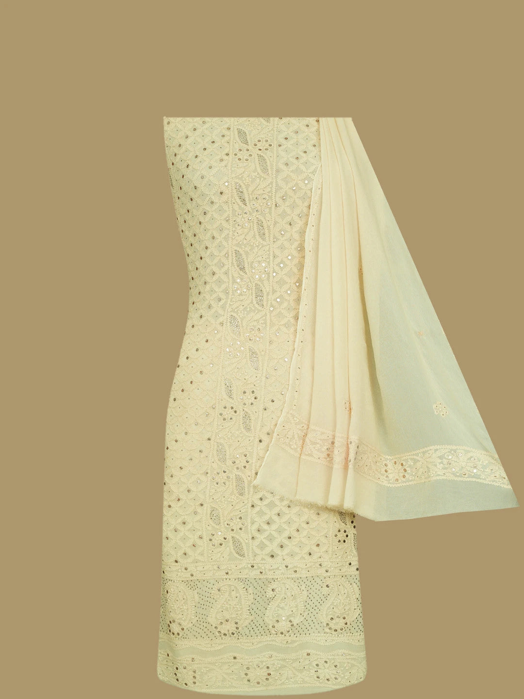 Ada Hand Embroidered Light Lemon Viscose Georgette Lucknowi Chikankari Unstitched Kurta Dupatta Set With Mukaish Work 01A785337