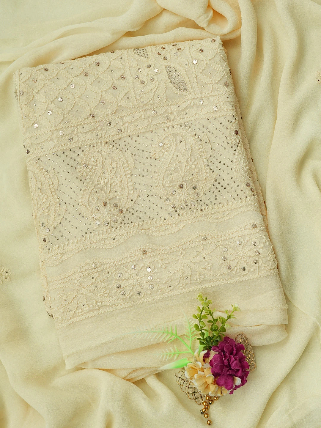 Ada Hand Embroidered Light Lemon Viscose Georgette Lucknowi Chikankari Unstitched Kurta Dupatta Set With Mukaish Work 01A785337