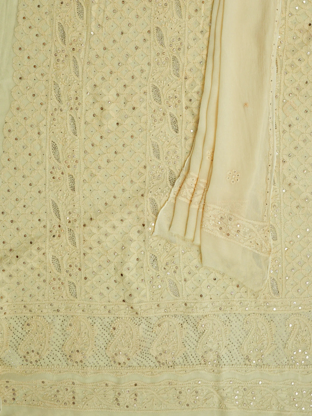 Ada Hand Embroidered Light Lemon Viscose Georgette Lucknowi Chikankari Unstitched Kurta Dupatta Set With Mukaish Work 01A785337