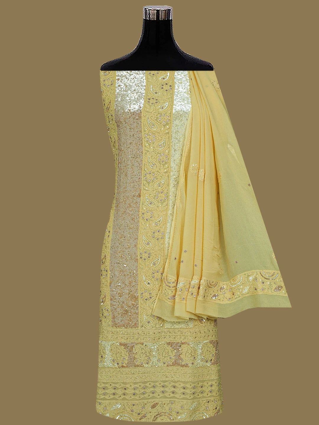 Ada Hand Embroidered Fawn Viscose Georgette Lucknowi Chikankari Unstitched Kurta Dupatta Set With Sequinned Work 01A615775