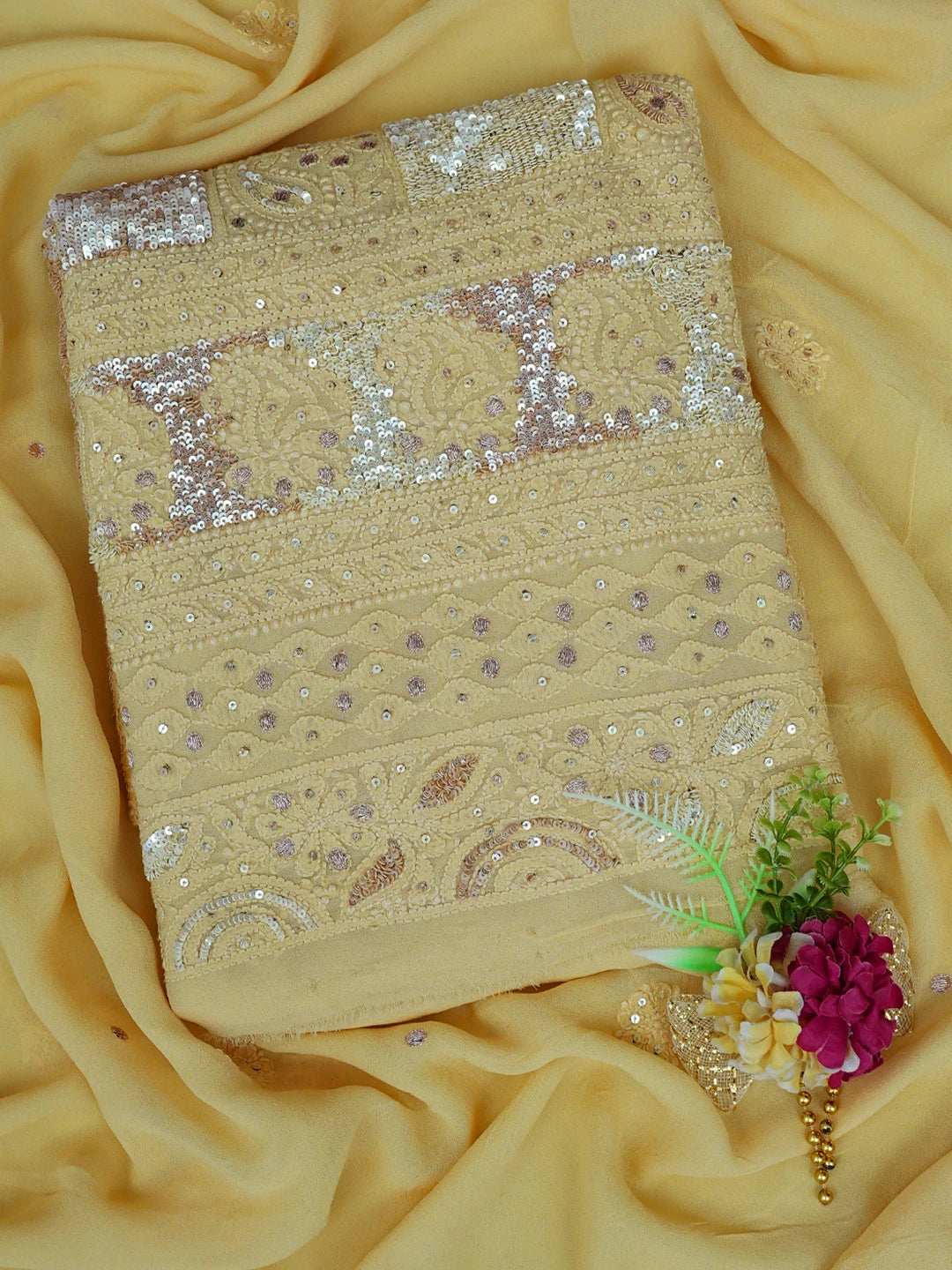 Ada Hand Embroidered Fawn Viscose Georgette Lucknowi Chikankari Unstitched Kurta Dupatta Set With Sequinned Work 01A615775