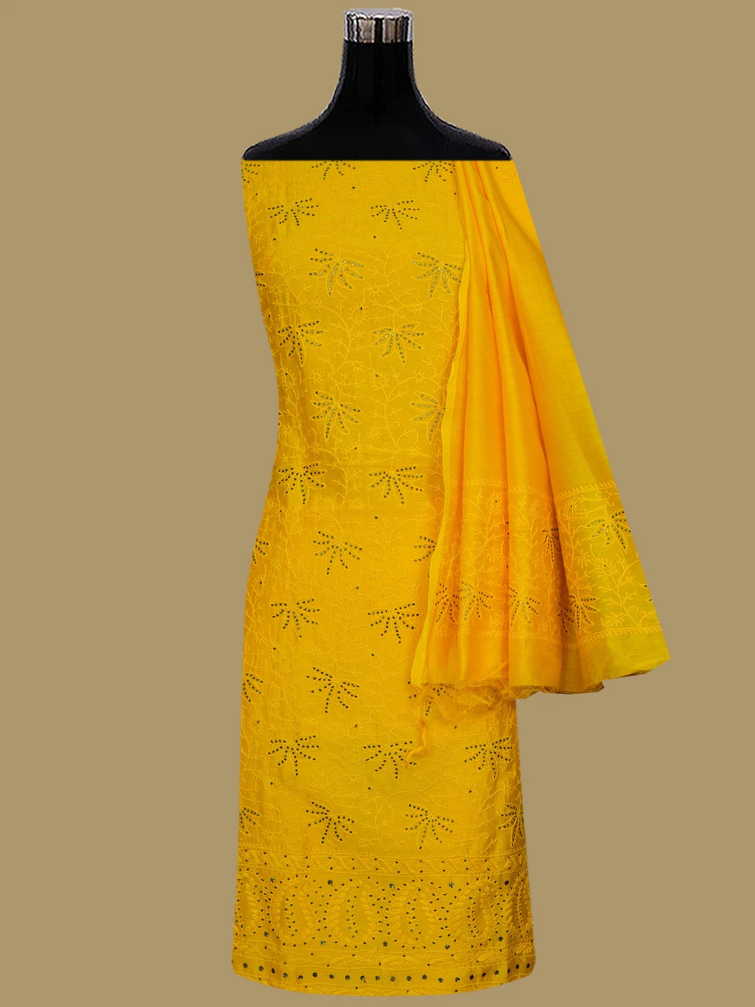 Ada Hand Embroidered Bright Yellow Chanderi Lucknowi Chikankari Unstitched Kurta Dupatta Set With Mukaish Work 01A298837