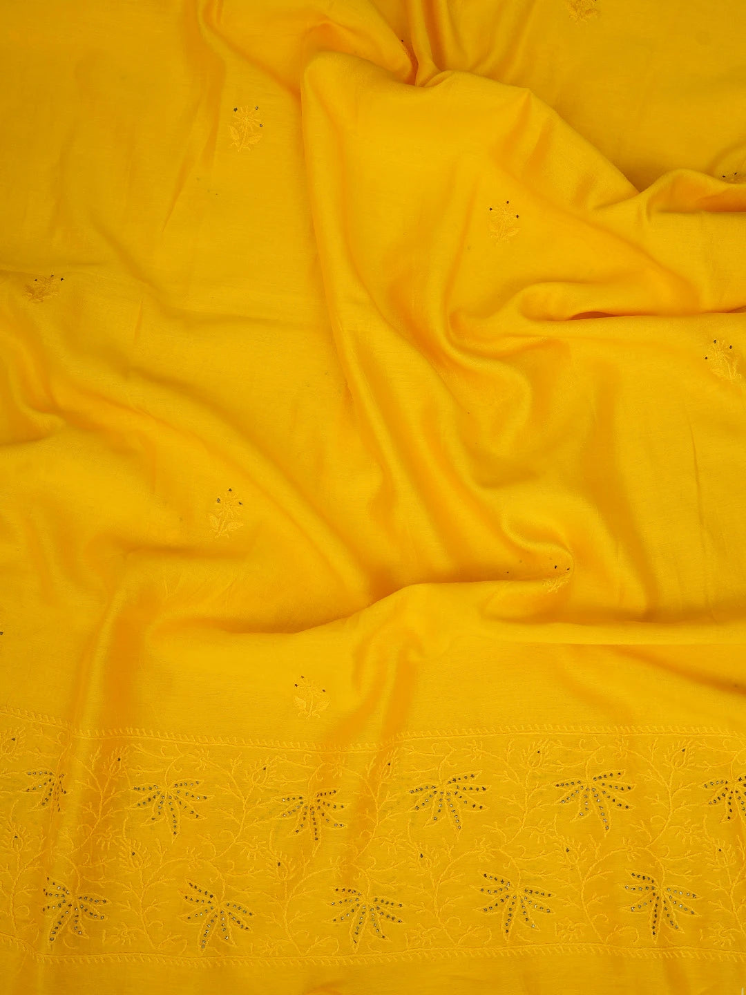 Ada Hand Embroidered Bright Yellow Chanderi Lucknowi Chikankari Unstitched Kurta Dupatta Set With Mukaish Work 01A298837