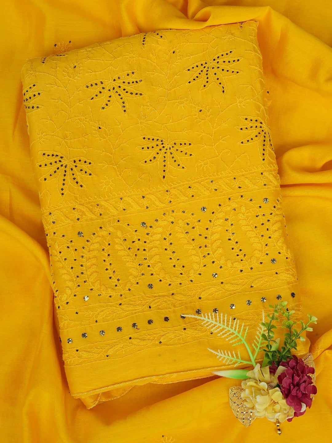 Ada Hand Embroidered Bright Yellow Chanderi Lucknowi Chikankari Unstitched Kurta Dupatta Set With Mukaish Work 01A298837