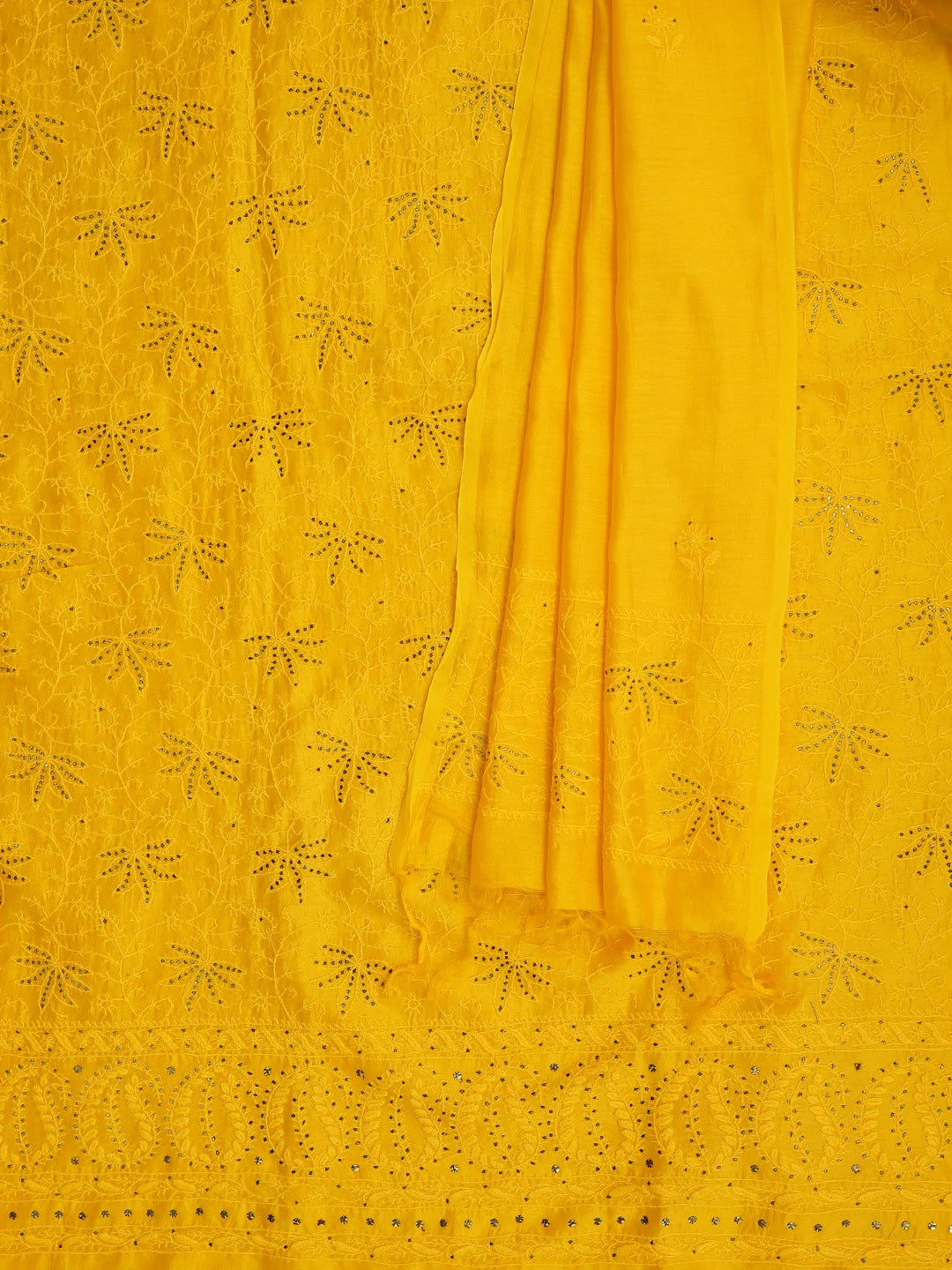 Ada Hand Embroidered Bright Yellow Chanderi Lucknowi Chikankari Unstitched Kurta Dupatta Set With Mukaish Work 01A298837