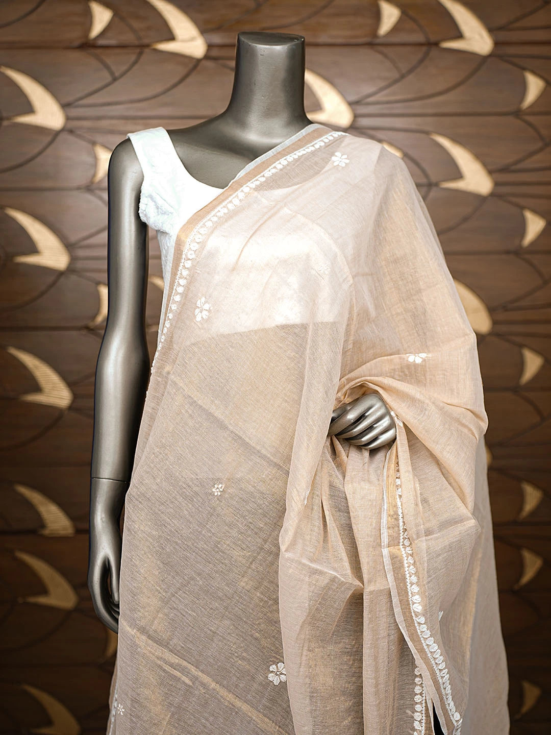 Ada Hand Embroidered Fawn Tissue Lucknowi Chikankari Dupatta 01A858273
