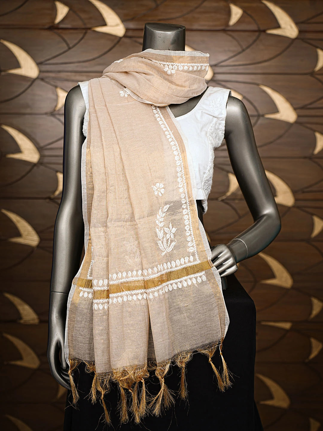Ada Hand Embroidered Fawn Tissue Lucknowi Chikankari Dupatta 01A858273