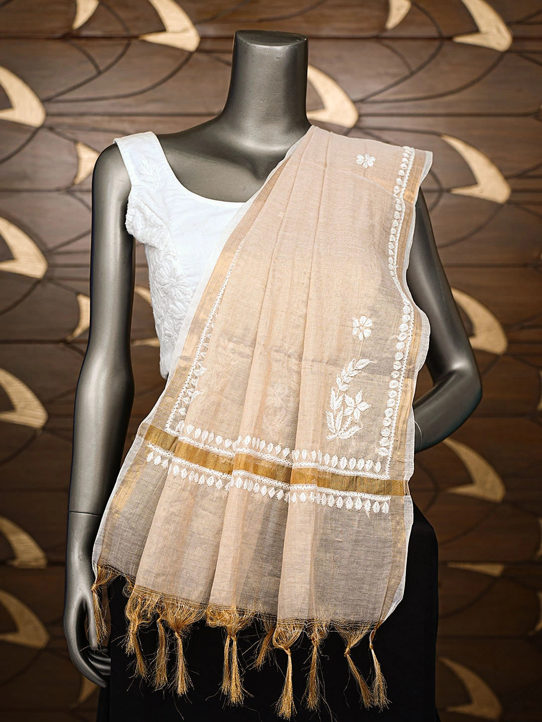 Ada Hand Embroidered Fawn Tissue Lucknowi Chikankari Dupatta 01A858273