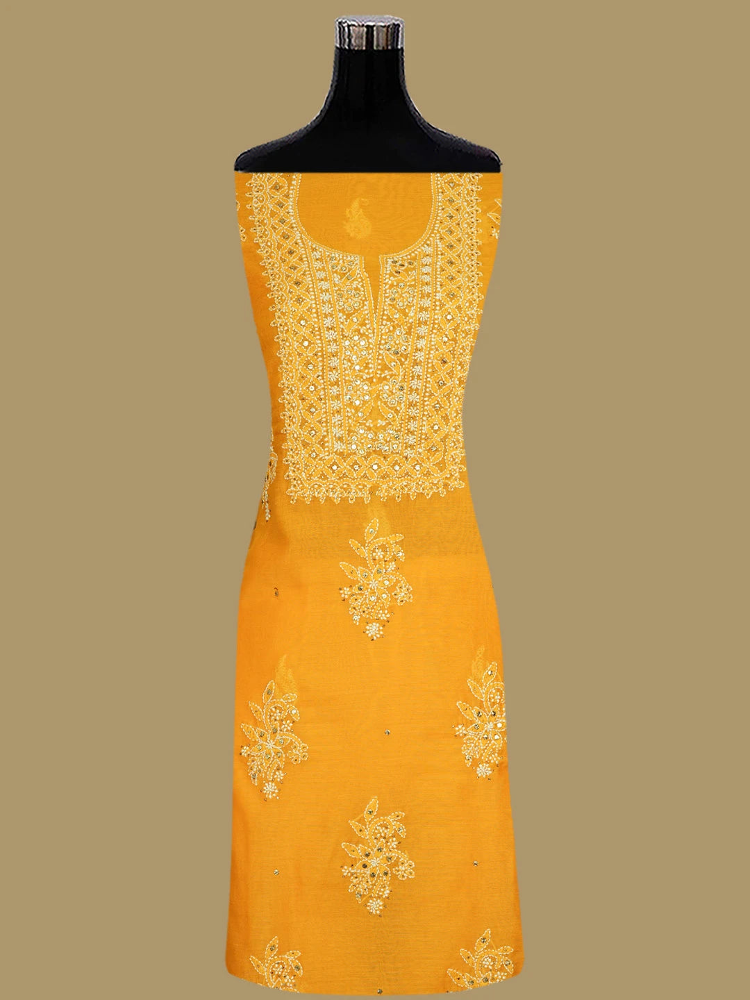 Ada Hand Embroidered Mustard Chanderi Lucknowi Chikankari Unstitched Kurta Dupatta Set With Mukaish Work 01A640630
