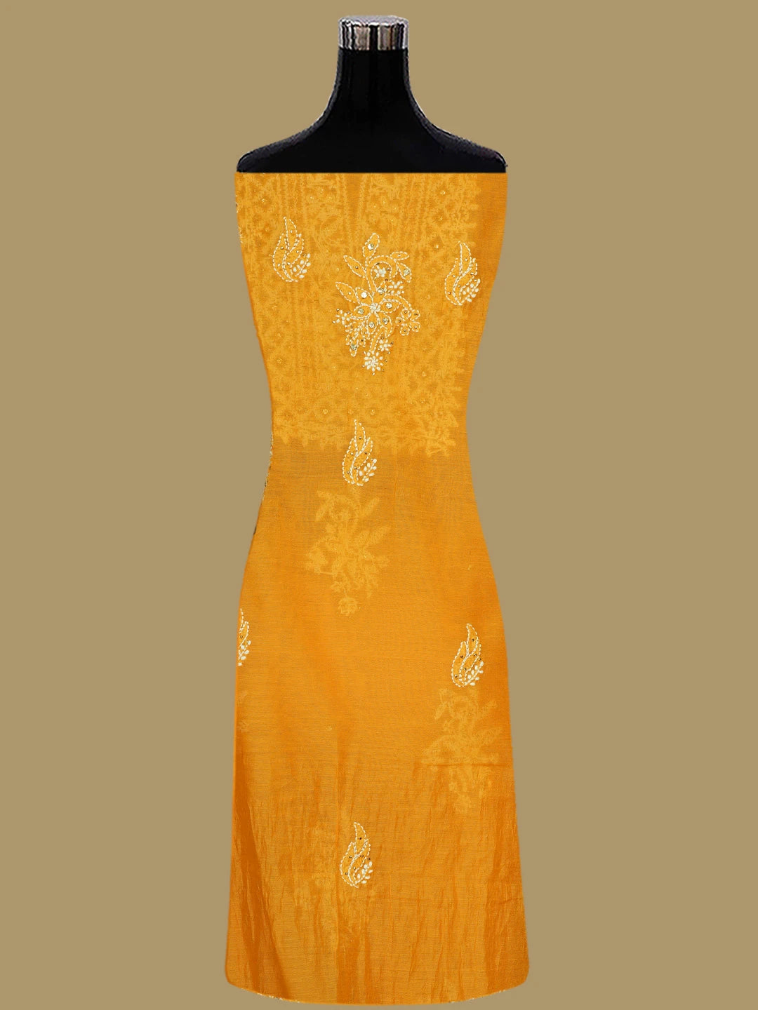 Ada Hand Embroidered Mustard Chanderi Lucknowi Chikankari Unstitched Kurta Dupatta Set With Mukaish Work 01A640630