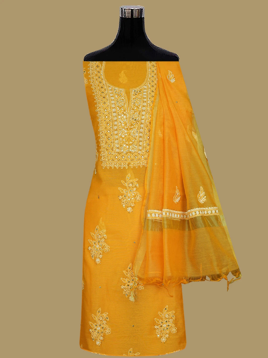 Ada Hand Embroidered Mustard Chanderi Lucknowi Chikankari Unstitched Kurta Dupatta Set With Mukaish Work 01A640630