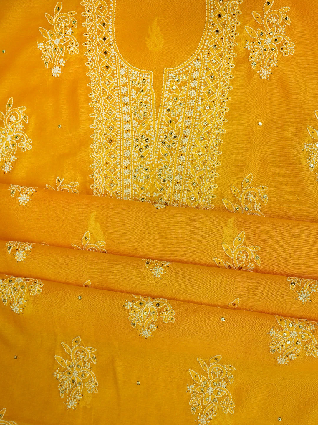 Ada Hand Embroidered Mustard Chanderi Lucknowi Chikankari Unstitched Kurta Dupatta Set With Mukaish Work 01A640630