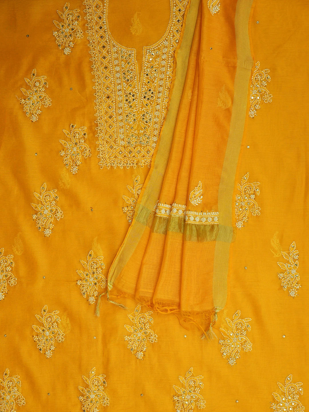 Ada Hand Embroidered Mustard Chanderi Lucknowi Chikankari Unstitched Kurta Dupatta Set With Mukaish Work 01A640630