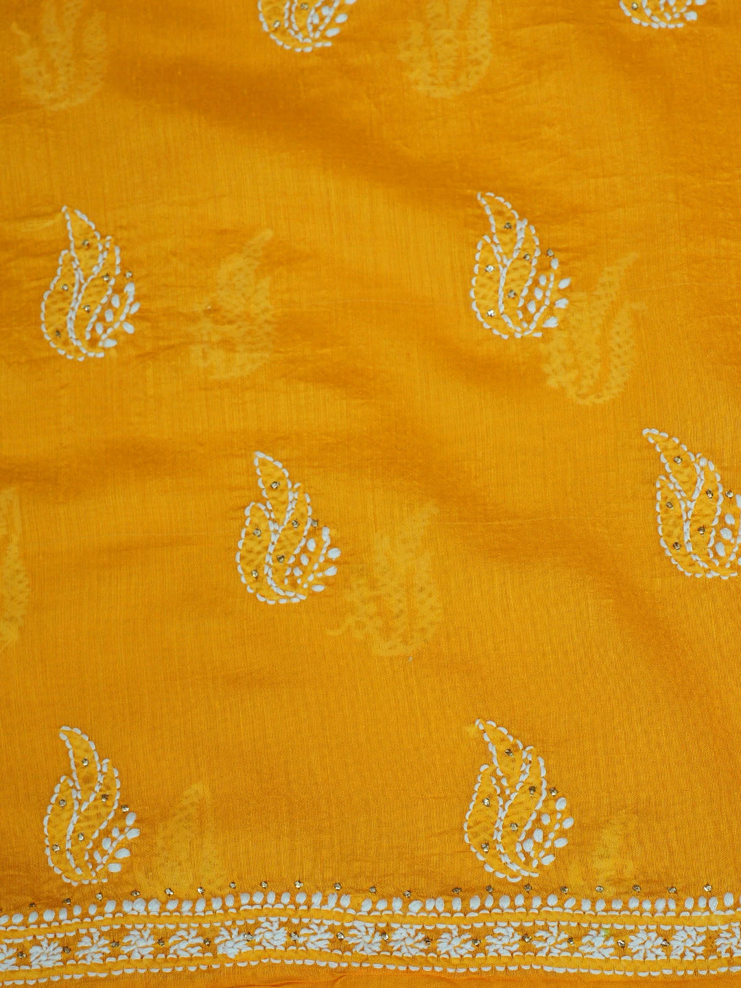 Ada Hand Embroidered Mustard Chanderi Lucknowi Chikankari Unstitched Kurta Dupatta Set With Mukaish Work 01A640630
