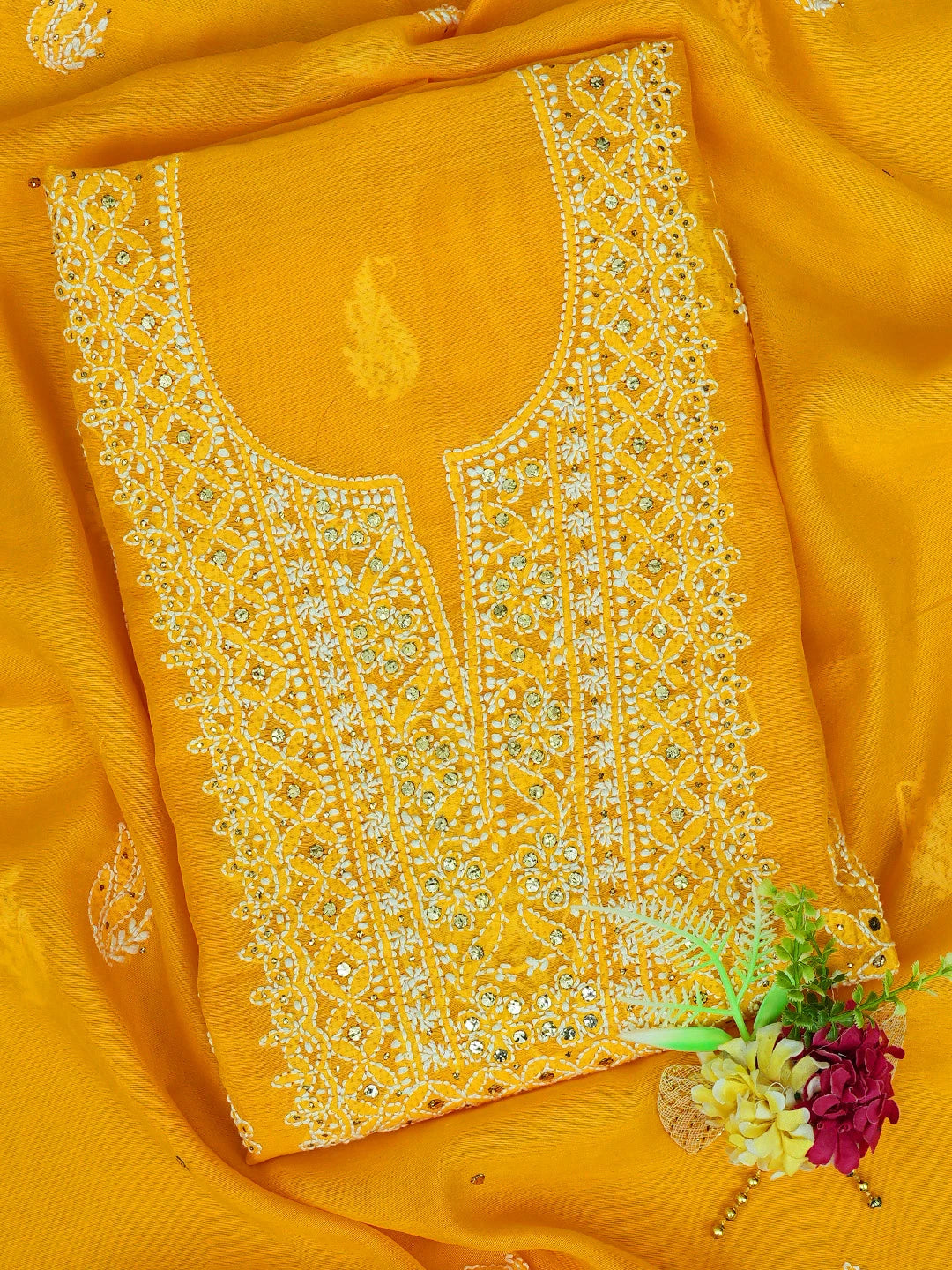 Ada Hand Embroidered Mustard Chanderi Lucknowi Chikankari Unstitched Kurta Dupatta Set With Mukaish Work 01A640630