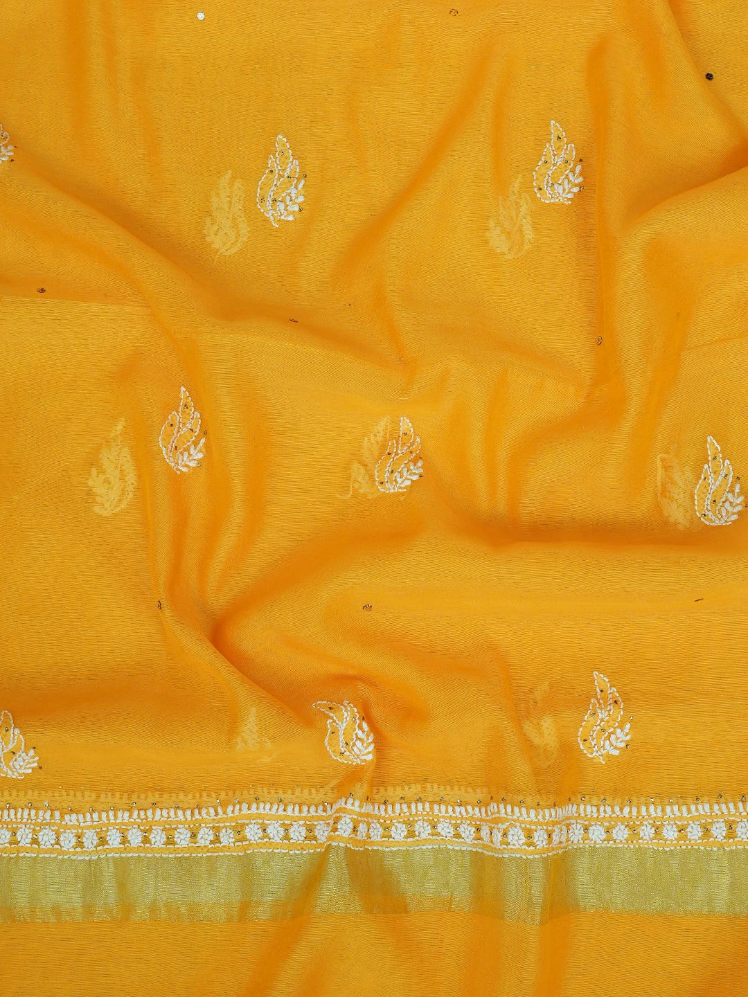 Ada Hand Embroidered Mustard Chanderi Lucknowi Chikankari Unstitched Kurta Dupatta Set With Mukaish Work 01A640630