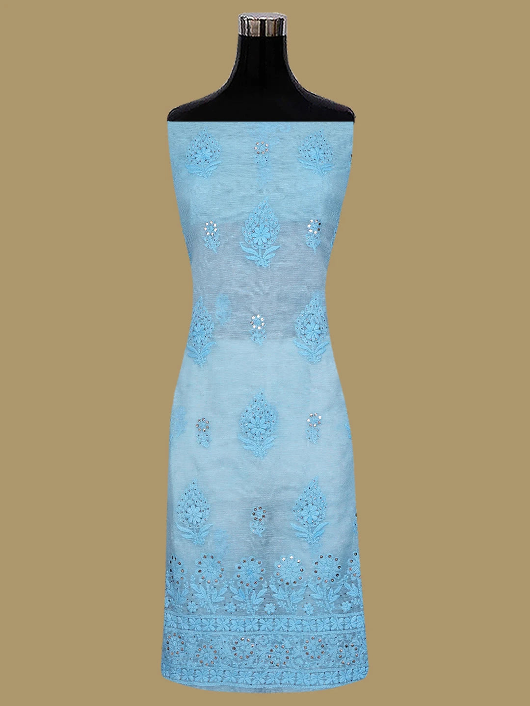 Ada Hand Embroidered Sapphire Blue Chanderi Lucknowi Chikankari Unstitched Kurta Dupatta Set With Mukaish Work 01A435749