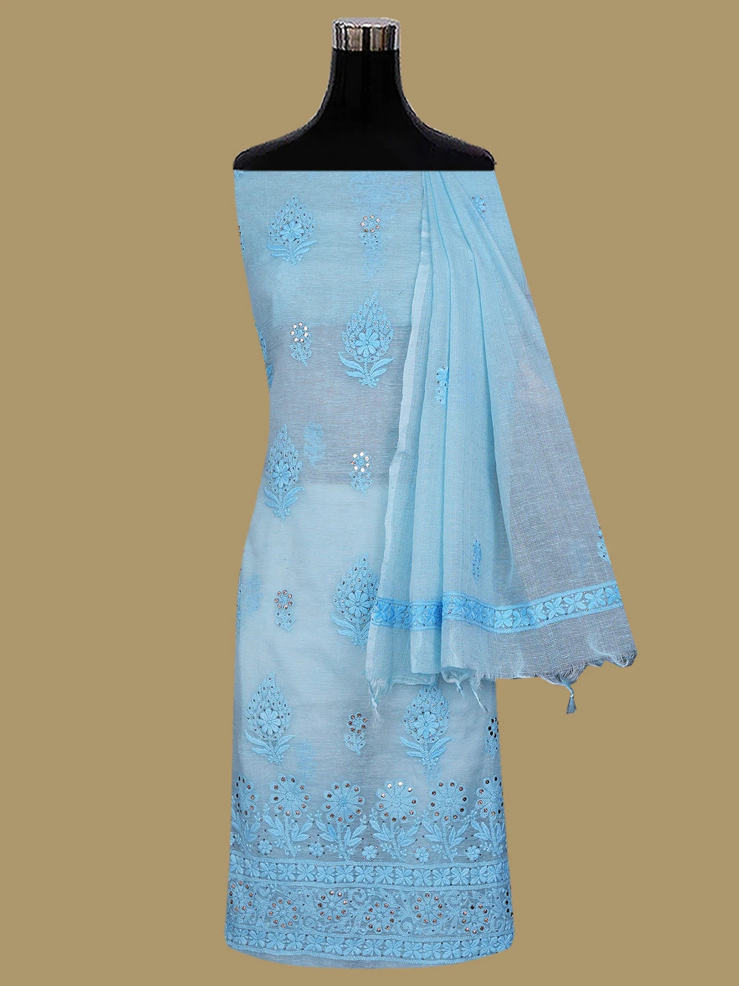Ada Hand Embroidered Sapphire Blue Chanderi Lucknowi Chikankari Unstitched Kurta Dupatta Set With Mukaish Work 01A435749