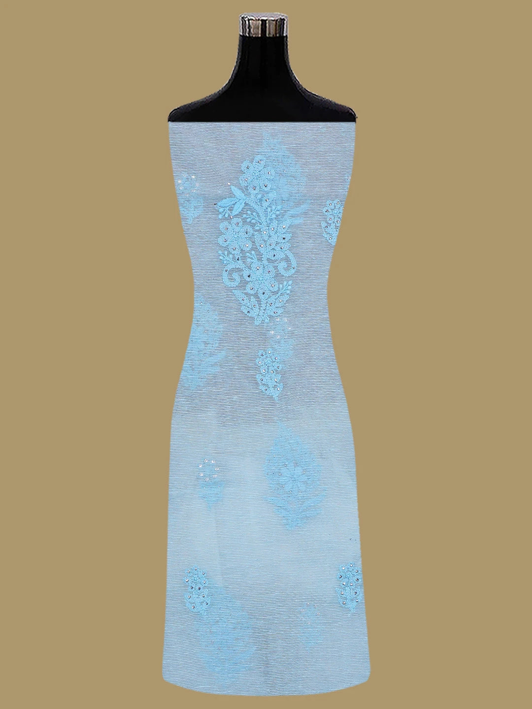 Ada Hand Embroidered Sapphire Blue Chanderi Lucknowi Chikankari Unstitched Kurta Dupatta Set With Mukaish Work 01A435749