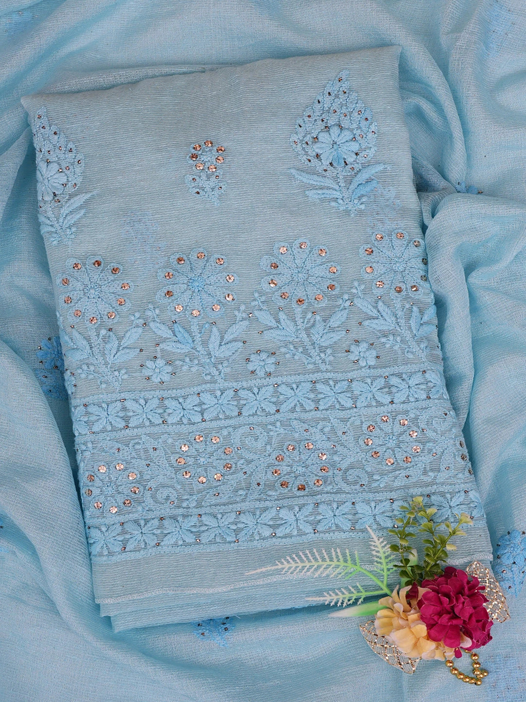 Ada Hand Embroidered Sapphire Blue Chanderi Lucknowi Chikankari Unstitched Kurta Dupatta Set With Mukaish Work 01A435749
