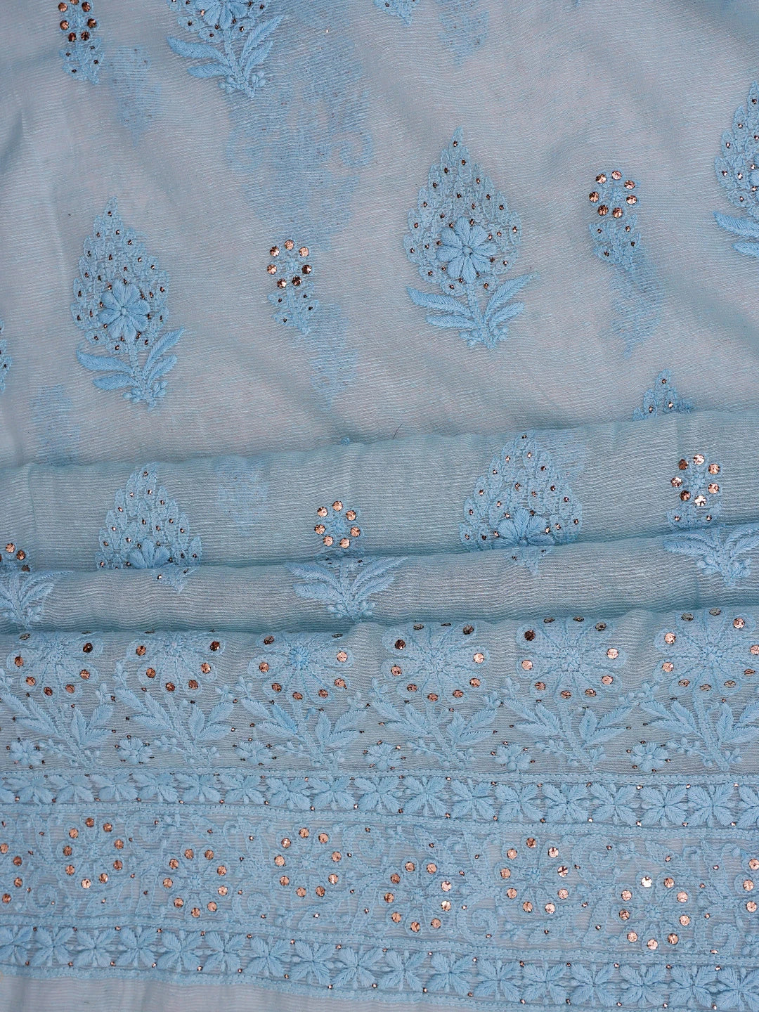 Ada Hand Embroidered Sapphire Blue Chanderi Lucknowi Chikankari Unstitched Kurta Dupatta Set With Mukaish Work 01A435749