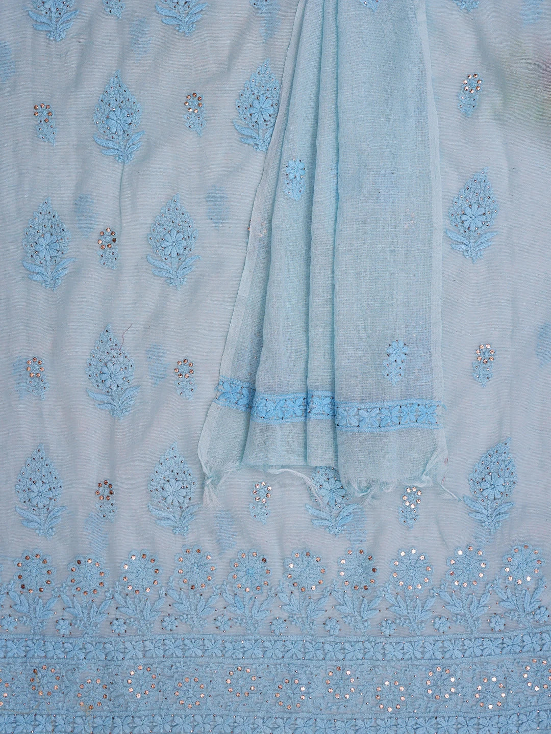 Ada Hand Embroidered Sapphire Blue Chanderi Lucknowi Chikankari Unstitched Kurta Dupatta Set With Mukaish Work 01A435749