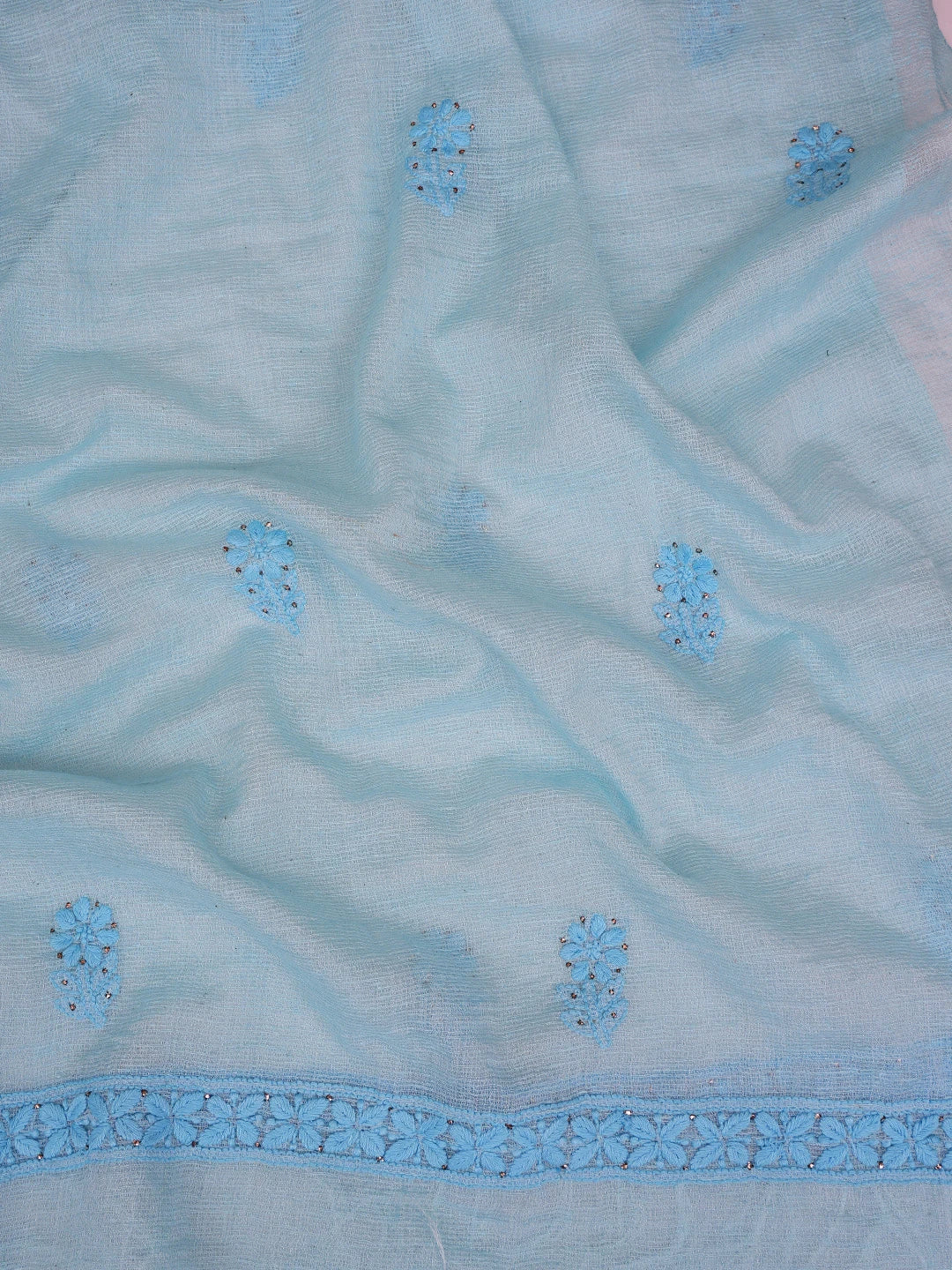 Ada Hand Embroidered Sapphire Blue Chanderi Lucknowi Chikankari Unstitched Kurta Dupatta Set With Mukaish Work 01A435749
