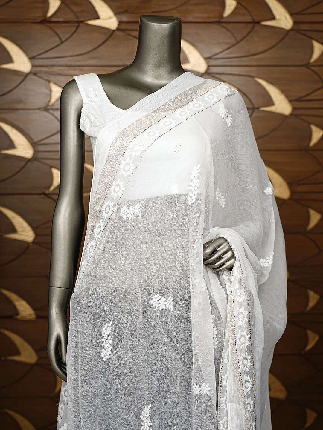 Ada Hand Embroidered White Chiffon Lucknowi Chikankari Dupatta With Mukaish Work 01A721845