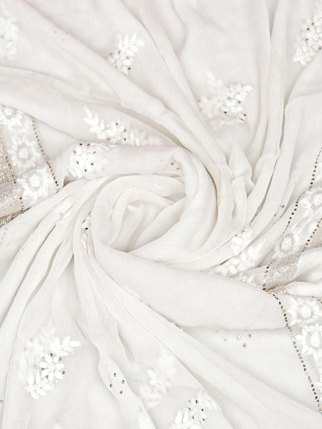 Ada Hand Embroidered White Chiffon Lucknowi Chikankari Dupatta With Mukaish Work 01A721845