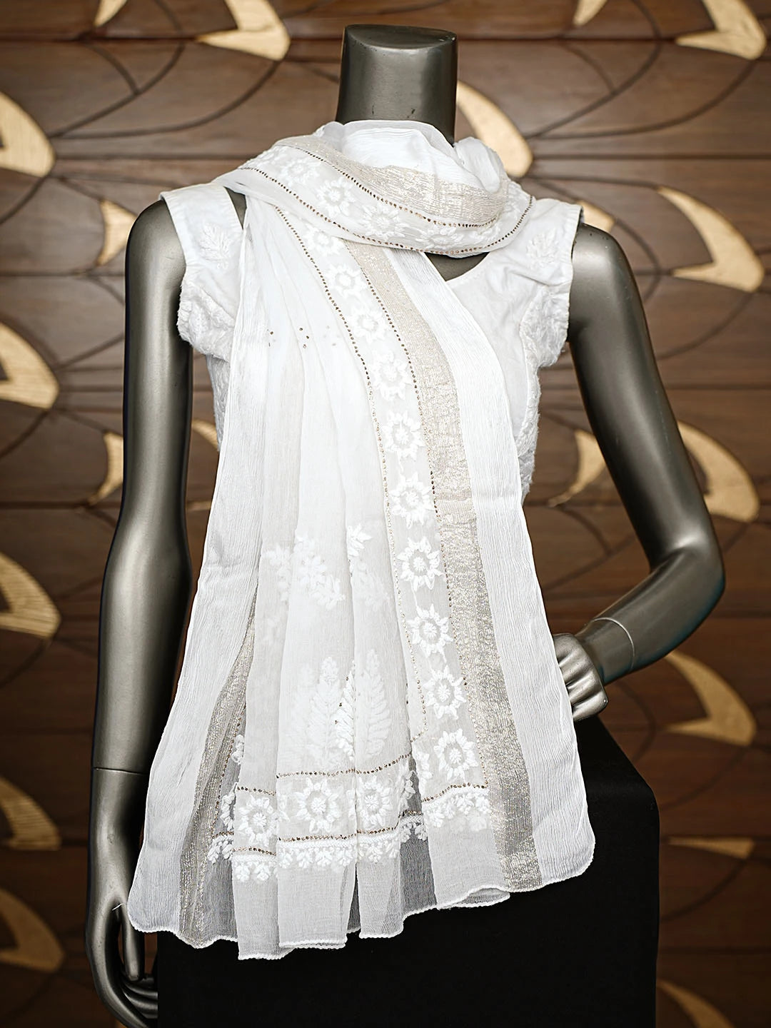 Ada Hand Embroidered White Chiffon Lucknowi Chikankari Dupatta With Mukaish Work 01A721845