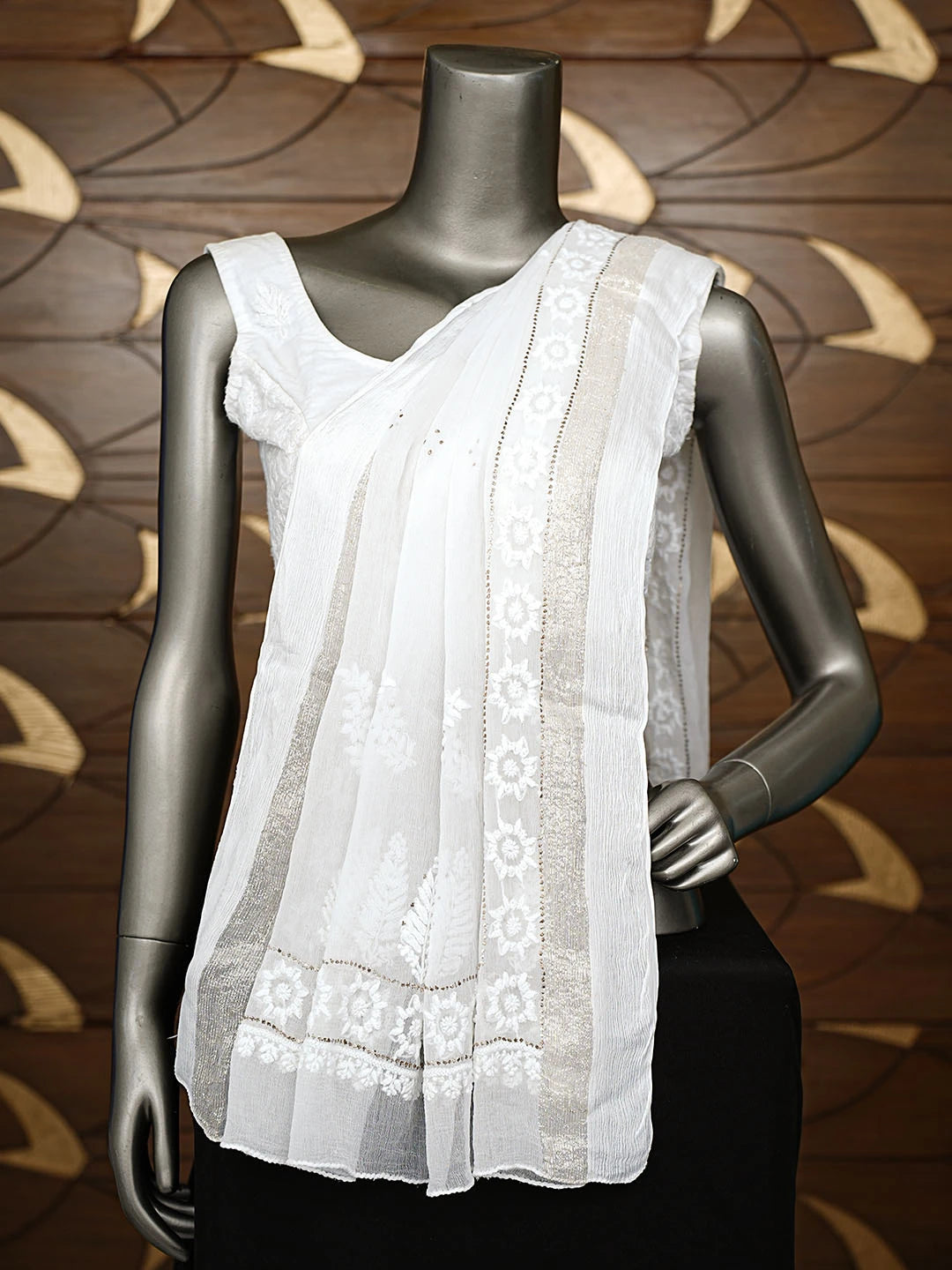 Ada Hand Embroidered White Chiffon Lucknowi Chikankari Dupatta With Mukaish Work 01A721845