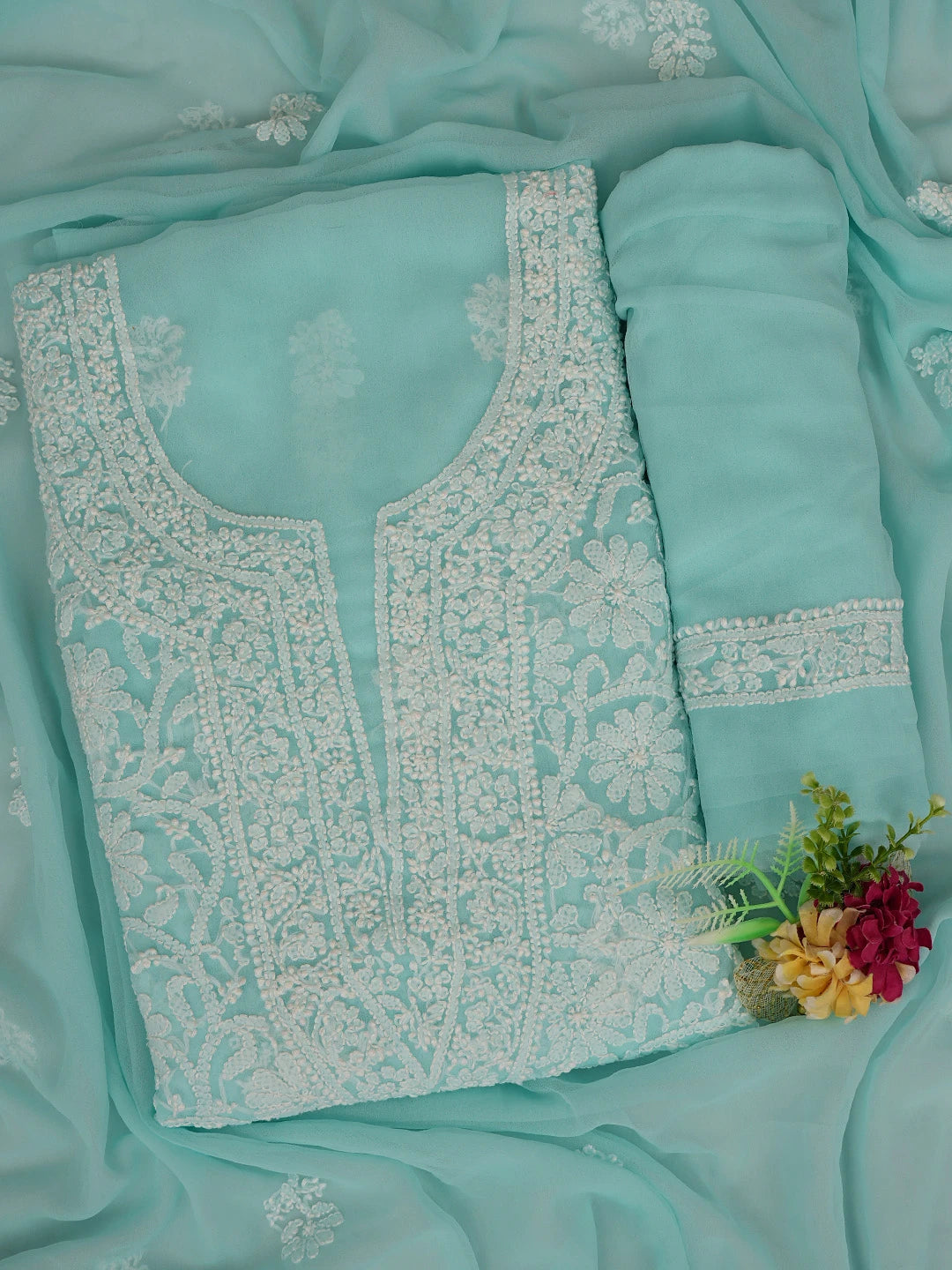 Ada Hand Embroidered Arctic Blue Georgette Lucknowi Chikankari Unstitched Suit Piece 01A859800
