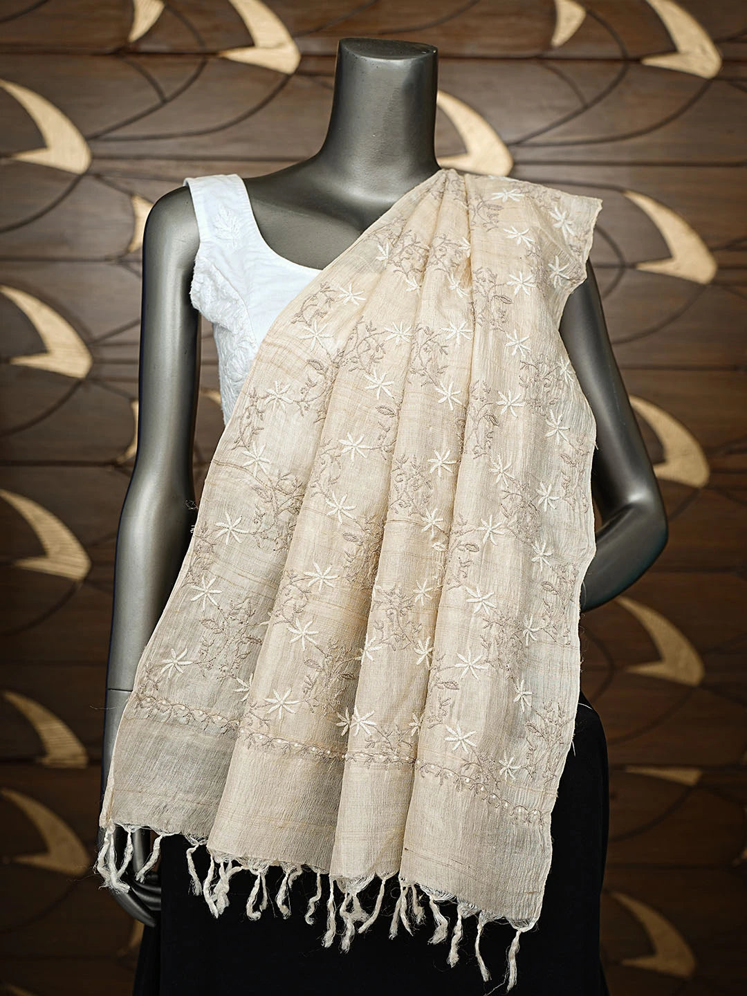 Ada Hand Embroidered Fawn Silk Lucknowi Chikankari Dupatta 01A785572