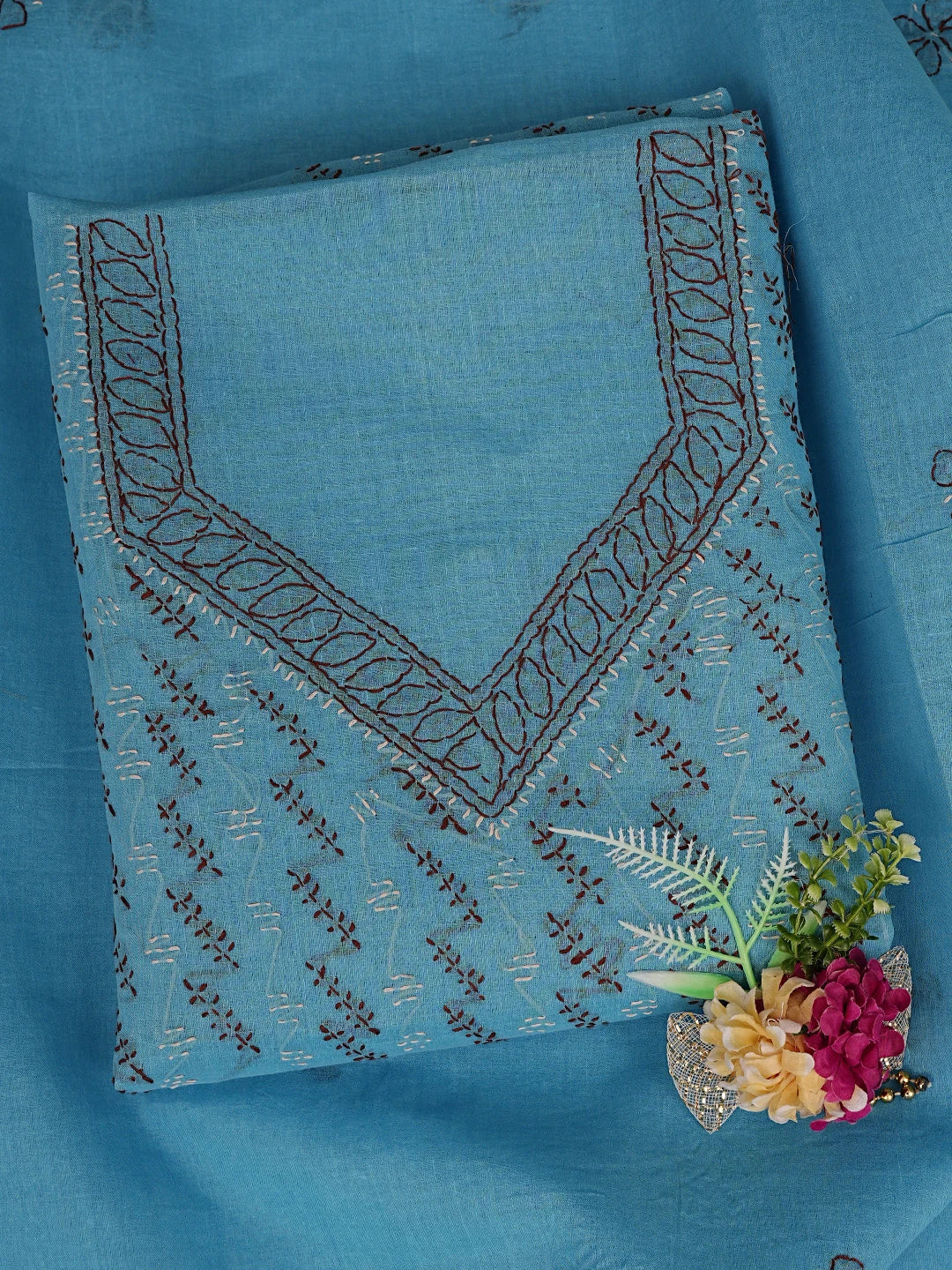 Ada Hand Embroidered Dark Blue Cotton Lucknowi Chikankari Unstitched Suit Piece 01A853432