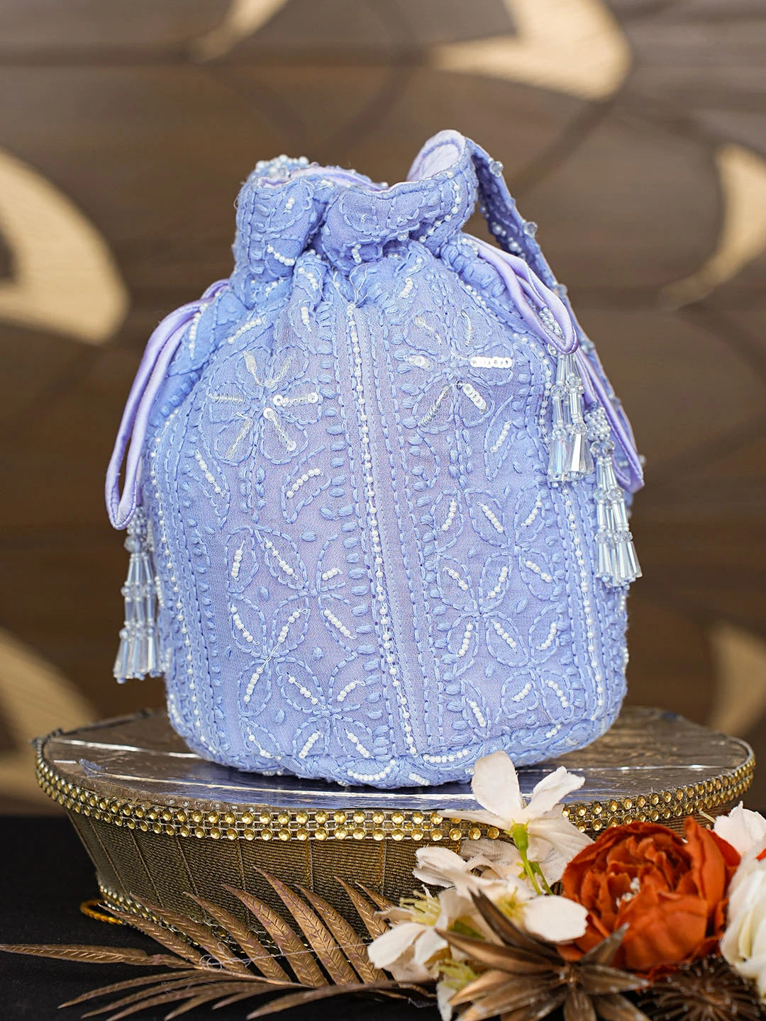 Ada Hand Embroidered Mauve Viscose Georgette Lucknowi Chikankari Potli Bag With Pearl Work 01A854332