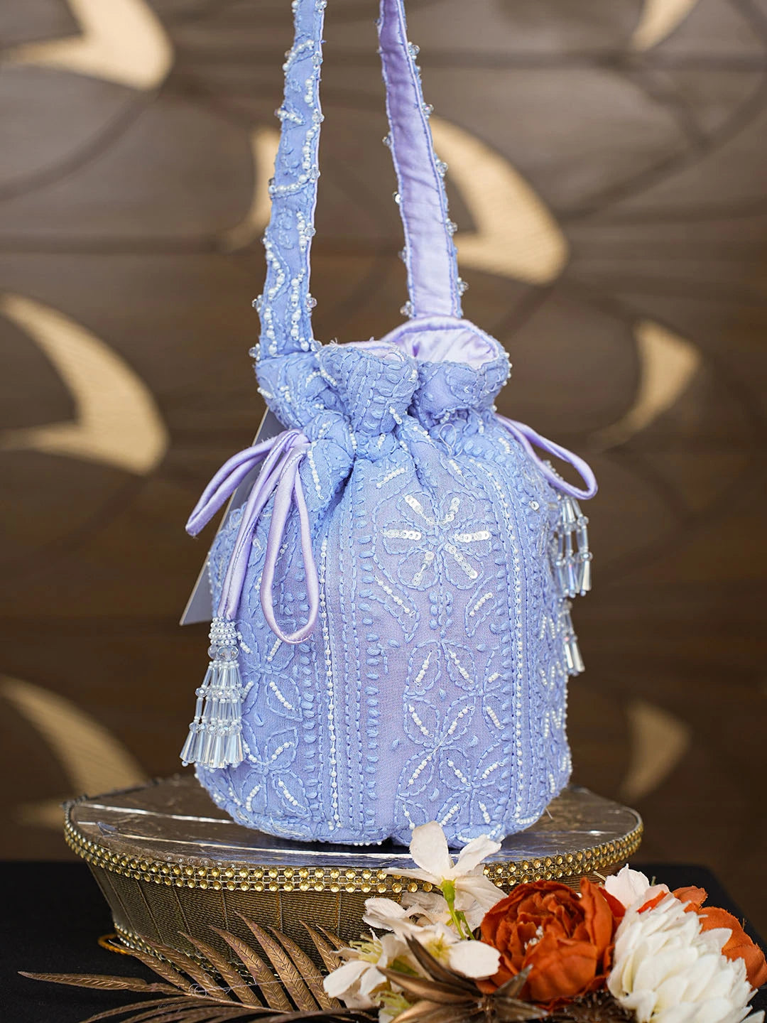Ada Hand Embroidered Mauve Viscose Georgette Lucknowi Chikankari Potli Bag With Pearl Work 01A854332