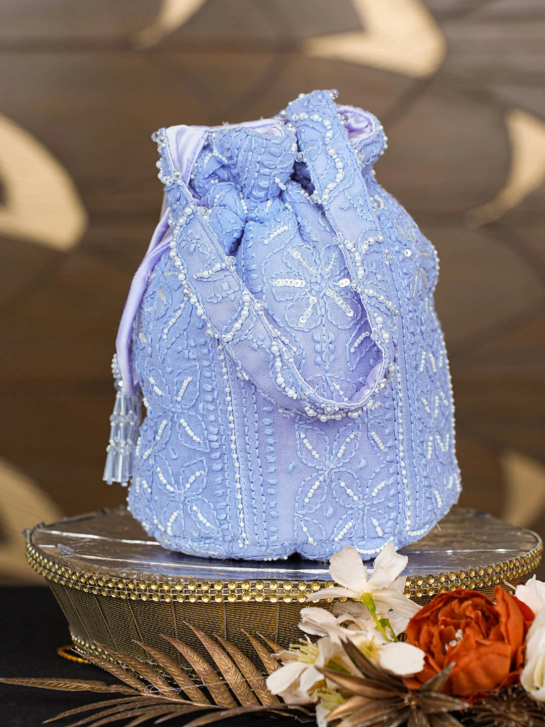 Ada Hand Embroidered Mauve Viscose Georgette Lucknowi Chikankari Potli Bag With Pearl Work 01A854332