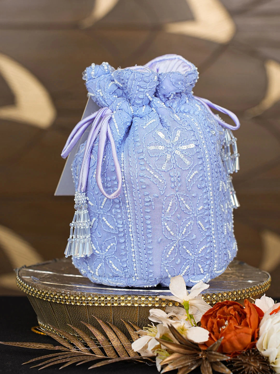 Ada Hand Embroidered Mauve Viscose Georgette Lucknowi Chikankari Potli Bag With Pearl Work 01A854332