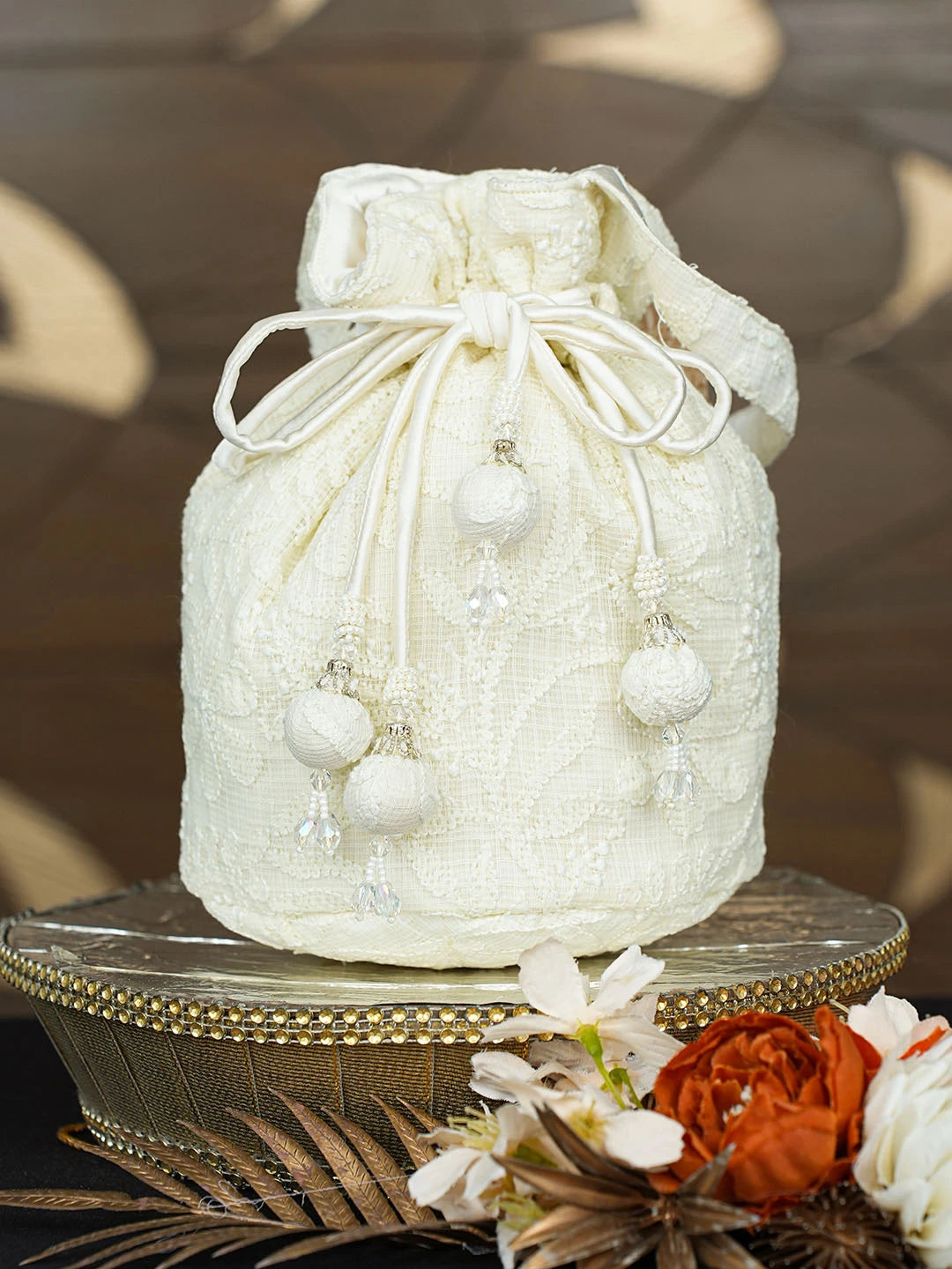 Ada Hand Embroidered Lemon Kota Lucknowi Chikankari Potli Bag 01A823648