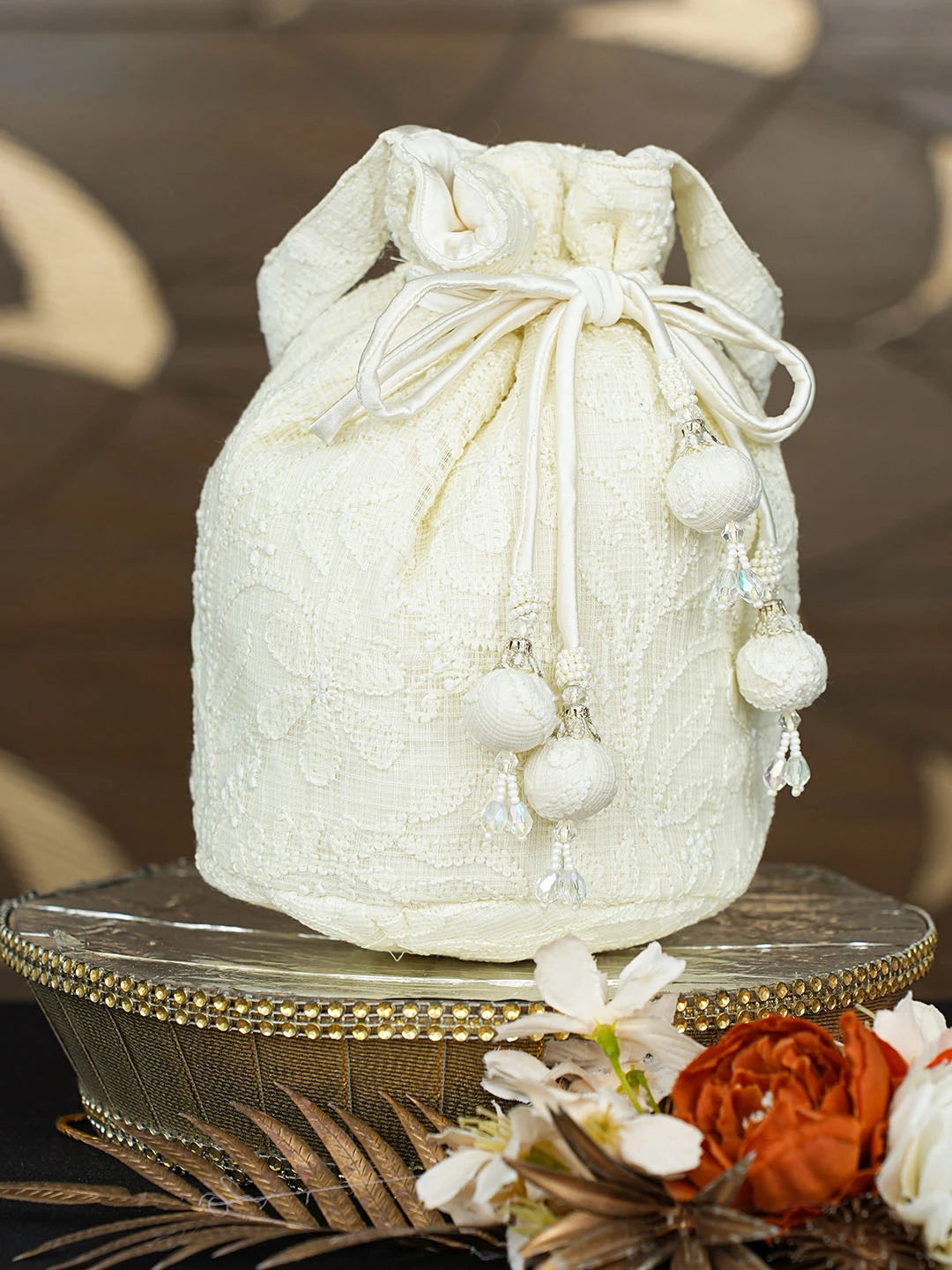 Ada Hand Embroidered Lemon Kota Lucknowi Chikankari Potli Bag 01A823648